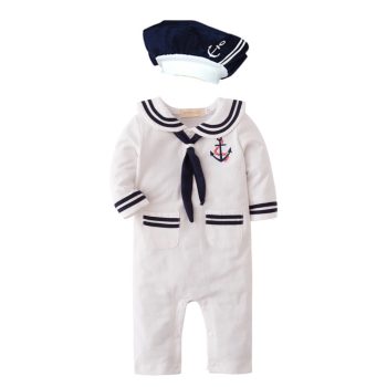 Baby Boy Marine Sailor Costume Long Sleeve Romper Onesie With Hat 2 Pcs Set