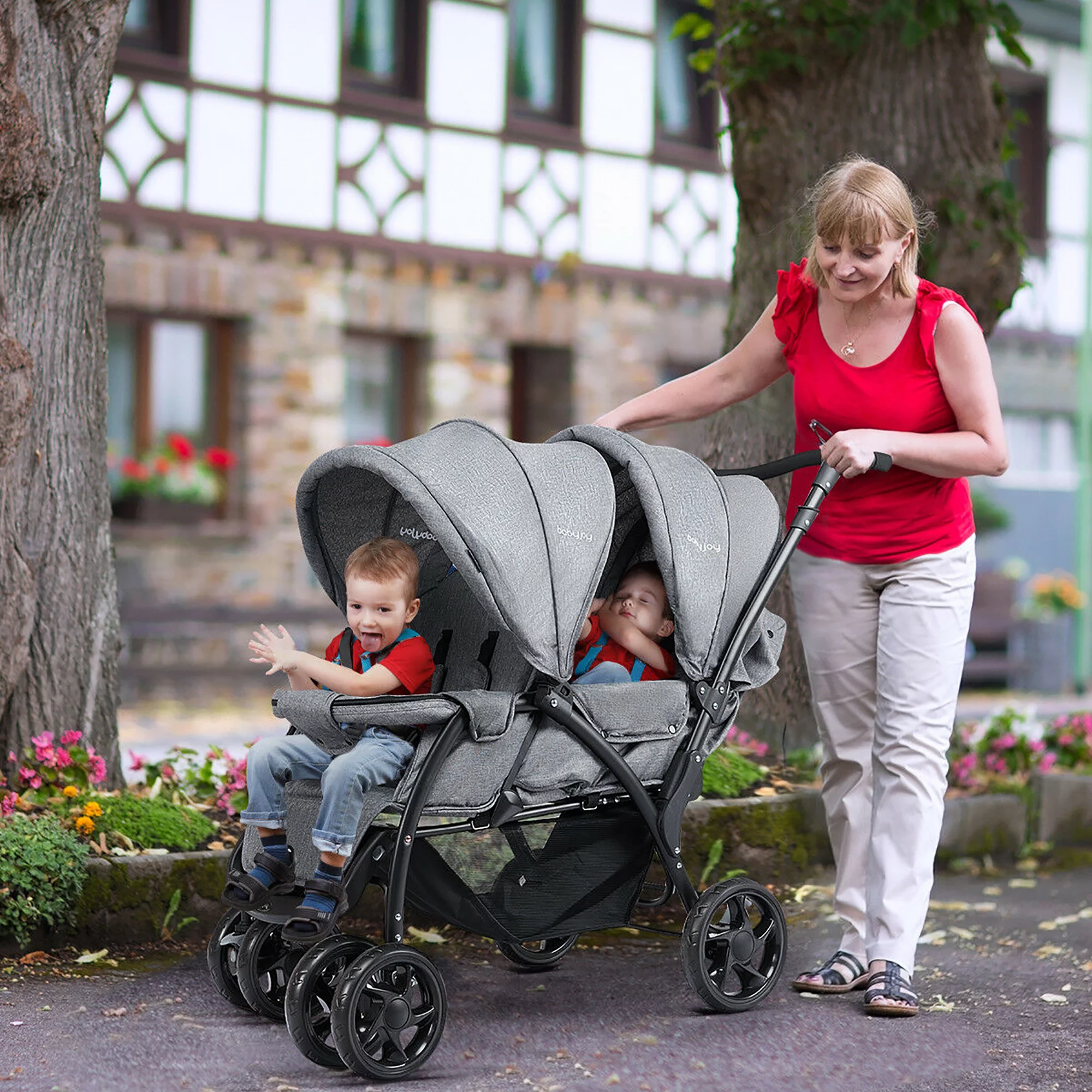 BabyJoy® Foldable Double Baby Stroller Lightweight Front & Back Seats Pushchair Gray - Image 2