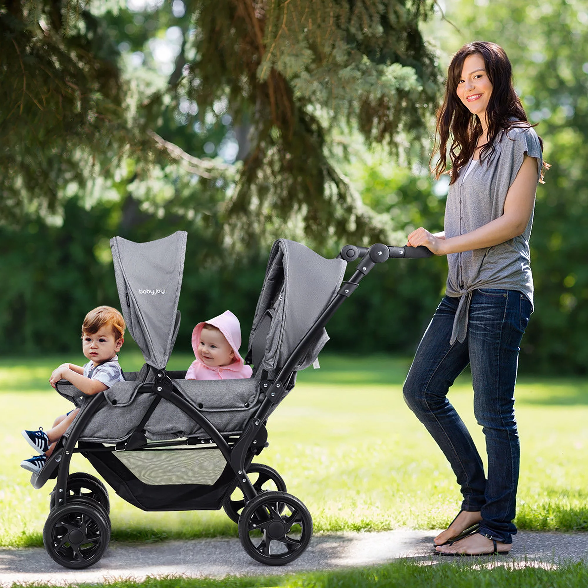 BabyJoy® Foldable Double Baby Stroller Lightweight Front & Back Seats Pushchair Gray - Image 3