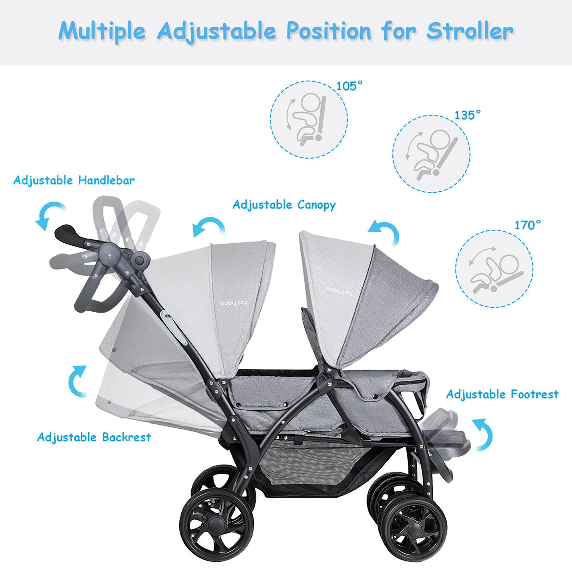 BabyJoy® Foldable Double Baby Stroller Lightweight Front & Back Seats Pushchair Gray - Image 4