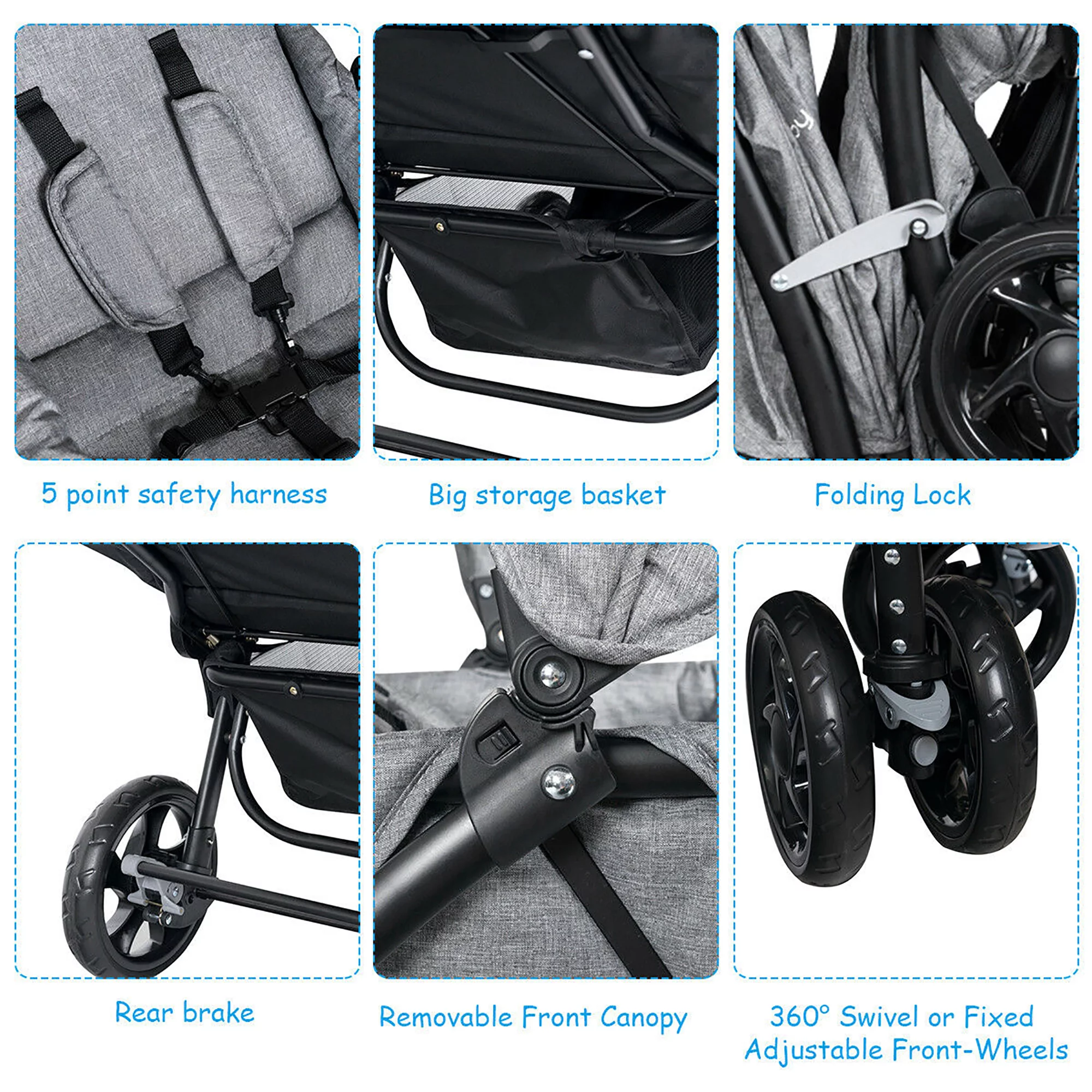 BabyJoy® Foldable Double Baby Stroller Lightweight Front & Back Seats Pushchair Gray - Image 5