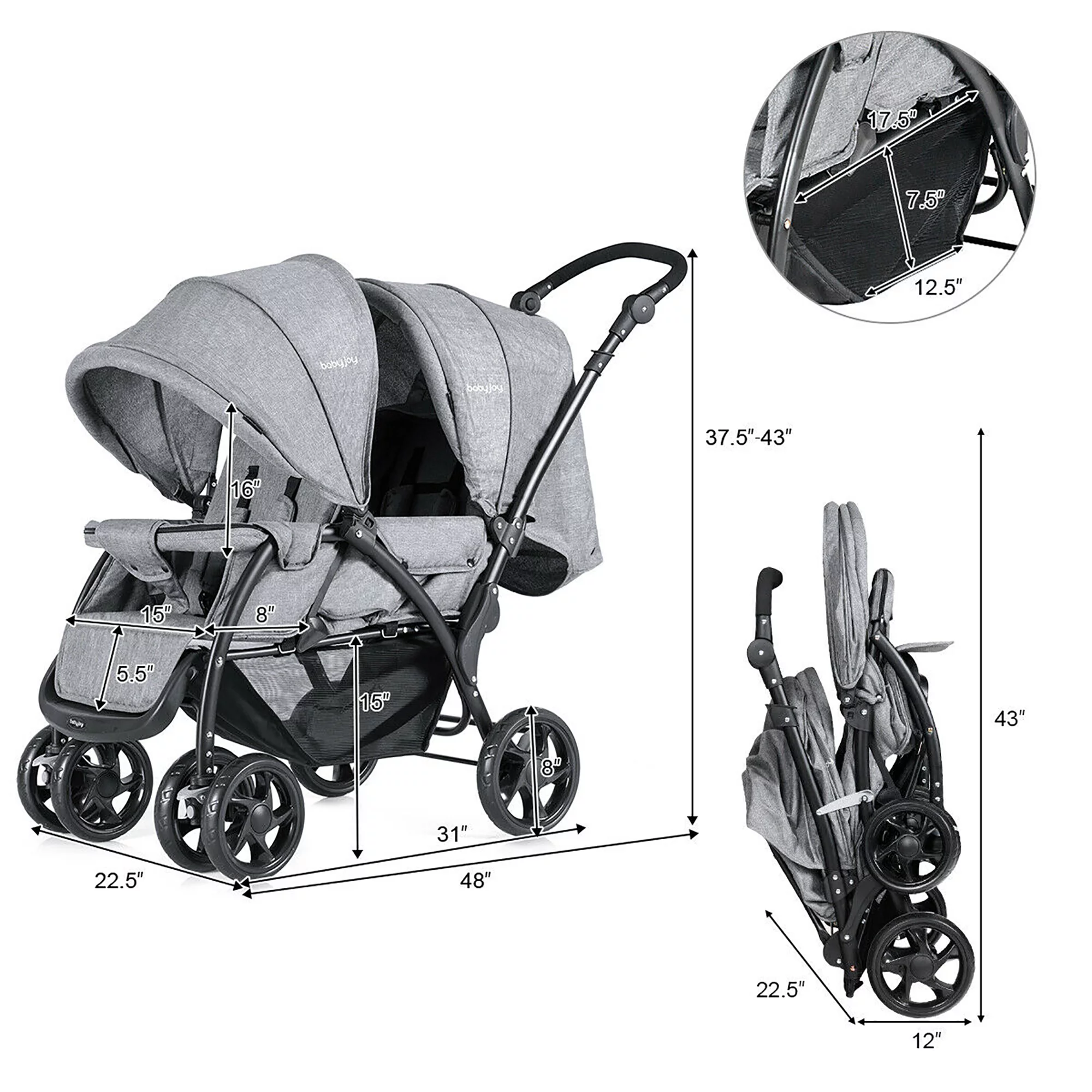 BabyJoy® Foldable Double Baby Stroller Lightweight Front & Back Seats Pushchair Gray - Image 6